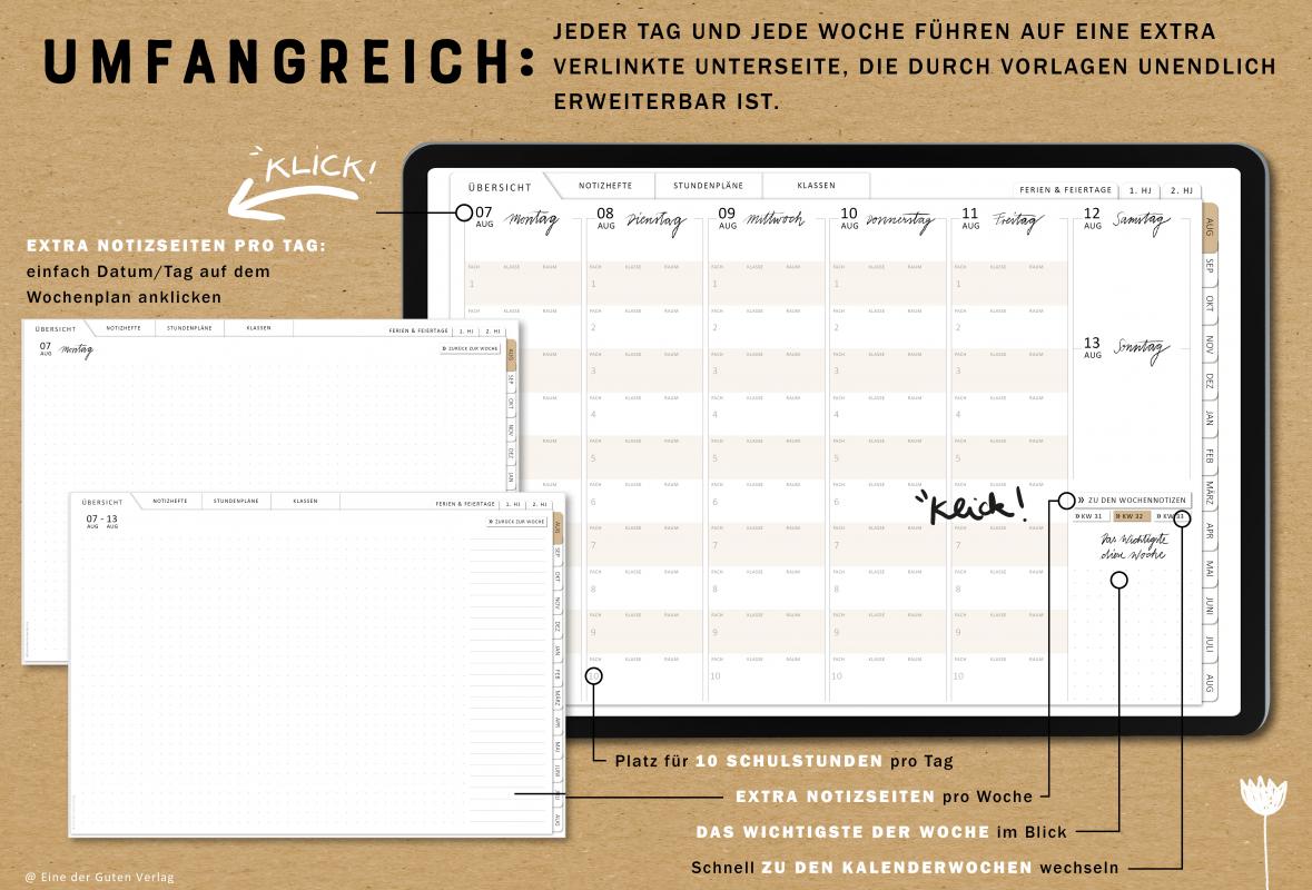 Detailansicht Wochenplanung, digitaler Lehrerkalender 2023 2024 mit extra Notizseiten für jeden Tag und jede Woche